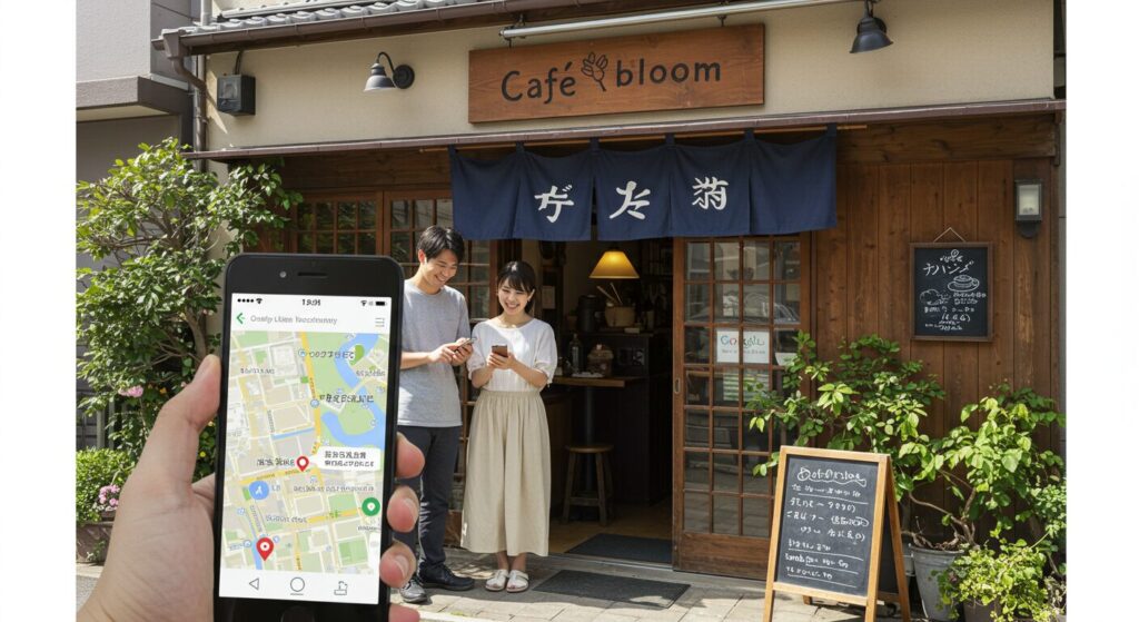 A smiling Japanese couple in their 30s, standing outside a cozy café named "Cafe Bloom", looking at a smartphone showing Google Maps directions. The storefront features a traditional Japanese noren curtain, wooden walls, and a handwritten chalkboard menu in Japanese. The setting is a sunny daytime in a quiet but lively neighborhood. The smartphone screen displays a Google Maps interface with the cafe marked as “Popular spot ★4.6”. Green plants decorate the entrance. The scene conveys the feeling of successful local discovery via Google Maps. Realistic style, natural lighting.