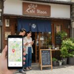 A smiling Japanese couple in their 30s, standing outside a cozy café named "Cafe Bloom", looking at a smartphone showing Google Maps directions. The storefront features a traditional Japanese noren curtain, wooden walls, and a handwritten chalkboard menu in Japanese. The setting is a sunny daytime in a quiet but lively neighborhood. The smartphone screen displays a Google Maps interface with the cafe marked as “Popular spot ★4.6”. Green plants decorate the entrance. The scene conveys the feeling of successful local discovery via Google Maps. Realistic style, natural lighting.